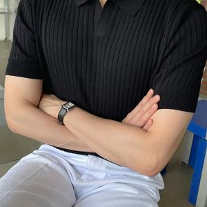 TEMU 남성용 슬림 폴로 셔츠 - 반팔, 니트 레온 소재, 단색, 캐주얼 스타일, 모든 계절에 적합, 캐주얼 폴로 셔츠 | 현대 폴로 셔츠 | 니트 구성|남자셔츠|반팔셔츠