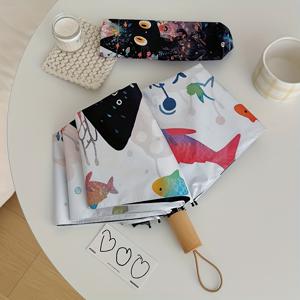 TEMU 1 Van Gogh 귀여운 고양이 패턴 자동 우산, 패션적인 성격, 높은 미적 감각, 블랙 고무 자외선 차단제, 빛 차단 접이식 꽃 우산, , 학생, 여성에게 필수적인 여름 여행 우산