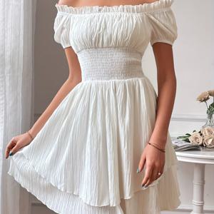 TEMU XC9659 여성용 우아한 A라인 드레스 - 스퀘어넥 반팔 러플 스트랩, 생생한 핑크색, 세탁기 사용 가능, 봄/여름 캐주얼 & 포멀 웨어, 프릴 스트랩 디자인, 균일 스커트 밑단, 부드러운 원단, 여름 의상, 가벼운 소재, 성인복