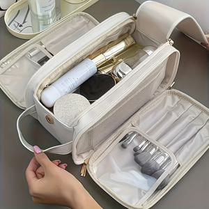 TEMU 1pc 럭셔리 여성용 다기능 메이크업 포켓 - 대용량 휴대용 화장품 정리함, PU 소재, 냄새 없는, 브러시 및 화장품 보관 공간 포함, 미용 필수품 정리함| 세련된 메이크업 가방| 내구성 있는 지퍼 잠금, 메이크업 가방|파우치