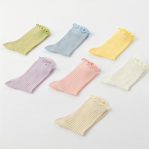 TEMU 여아들을 위한 7 쌍의 리브드 무릎 양말 - 부드러운 폴리에스터 블렌드, 통기성 및 편안함, 밝은 패스텔 패턴, 이상적인 봄/여름 선물, 손세탁만, 봄/여름 양말|즐거운 디자인|부드러운 질감