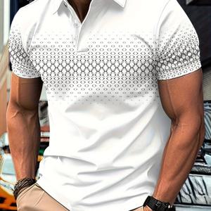 TEMU 남성용 프린트 캐주얼 폴로 셔츠 - 편안한 반팔, 버튼업 칼라 디자인, 기하학적 패턴, 봄/가을에 완벽합니다.|반팔셔츠