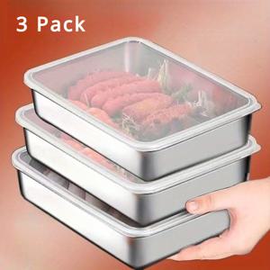 TEMU 밀봉 뚜껑이 있는 3개 세트 스테인리스 스틸 식품 보관 용기 – 찌기, 굽기, 냉장 식품, 과일 접시에 적합 – 냉장고에서 고기, 야채 등을 정리하고 보존하기에 이상적|트라이탄밀폐용기