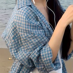 TEMU 프랑스 빈티지 롱슬리브 플레드 셔츠 여성용, 봄과 가을을 위한 가벼운 디자인, 틈새 자외선 차단 아우터웨어.