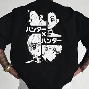 TEMU 남성용 애니메이션 그래픽 티셔츠 - 블랙 루즈핏 크루 넥 티, 일본어 및 영어 프린트, 캐주얼 여름 야외 남성 의류