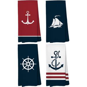 TEMU 4pcs 해양 주방 수건 - 18x26 인치, 부드러운 폴리에스터, 빨간색 및 파란색으로 세일보트, 앵커 및 헬름 디자인을 갖추고 있습니다. 해안 장식, 휴일 선물 및 캡틴 테마 주방 스타일에 이상적입니다. 해양 장식