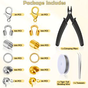 TEMU 1203pcs 보석 만들기용 크림프 비즈 키트, 크림프 비즈, 크림프 커버, 크림프 튜브 및 와이어 가디언, 게코 클래스프, 점프 링, 크림프 플라이어 및 보석 와이어