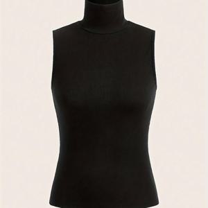TEMU 1pc 우아한 여성용 하이 넥 니트 탱크 탑 - 폴리에스테르 슬리브리스 단색 컬러 베스트 가을/겨울용