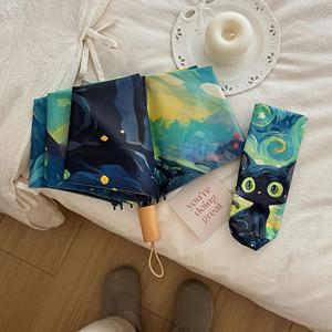 TEMU 1 Van Gogh-Inspired Black Cat Pattern 접이식 우산 - 캐주얼 & 귀여운 패션 스타일, 8 개의 뼈, 철재, 접이식 태양 비스러, 자외선 차단, 캐주얼 패션 우산 | 재미있는 디자인 우산 | 내구성 있는 구조, 귀여운 우산
