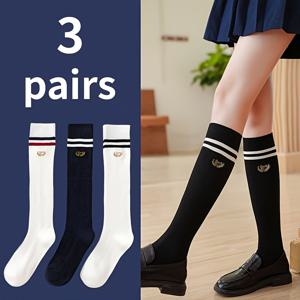 TEMU 여성용 발목 양말 3켤레, 크기 대형 줄무늬 자수, JK 스타일 슬림핏, 무릎 위, 가을/겨울용 다용도, 폴리에스터 소재, 니트 소재, 손세탁 전용, 농구 양말 | 자수 양말 | 니트 구조, 필수 양말