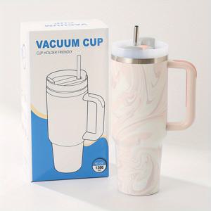 TEMU 42oz 스테인리스 스틸 보온 보냉 물병 뚜껑 & 빨대 포함 – 파스텔 대리석 디자인, 흰색 패턴, 연한 파랑 & 핑크 손잡이 – 캠핑, 하이킹, 여행용 휴대성 및 내구성 – 완벽한 선물 아이디어, 캠핑 액세서리|트래블보틀
