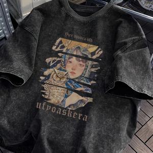 TEMU 빈티지 워시드 블랙 반팔 티셔츠 - 릴라크스핏 레트로 포터레이트 그래픽 티 일본어 텍스트 포함, 5/6세 블랙 기계 세탁 가능 여름 캐주얼 탑