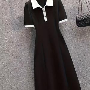 TEMU 여성용 세련된 블랙 폴로 칼라 A라인 드레스 - 버튼 디테일이 있는 캐주얼 여름 미디, 허리 집어 디자인, 반팔, 벨트, 캐주얼 의상에 적합, 캐주얼 여름 의상|폴로 스타일|허리 집어 디자인|여름원피스|여성원피스|드레스