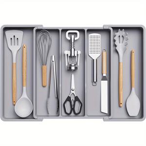 TEMU 1개 확장 가능한 주방 서랍 정리함, 조절 가능한 식기 및 조리 기구 보관함, 텐션 마운트, BPA 프리 플라스틱 식기 거치대, 칼, 은식기 및 도구용