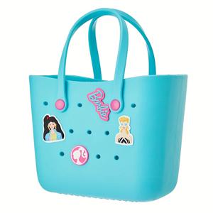 TEMU MINISO 미니 수 - 바비 선샤인 컬렉션 퍼포레이티드 토트 백, 귀여우며 세련된, 핑크 및 블루로 장식된 색다른 자수, 캐주얼한 외출에 이상적, 캐주얼한 토트 백|즐거운 액세서리|내구성 있는 손잡이, 바비 액세서리|바비인형