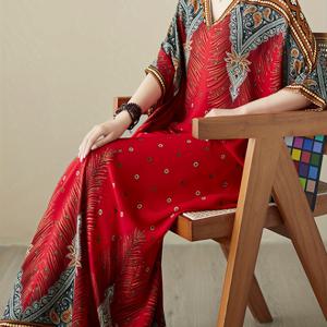 TEMU 플로럴 프린트 V넥 맥시 드레스 - 루즈핏 논스트레치 원단, 핸드워시 전용, 레드 & 멀티컬러 여성 캐주얼~세미포멀 드레스
