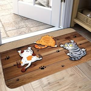TEMU 1pc Whimsical Cartoon Kitten Escape Pattern 도어매트 - 실내/실외 고속 통행 지역용 미끄럼 방지, 기계 세척 가능한 폴리에스터 매트, 발자국 및 동적 포즈가 있는 재미있는 고양이 디자인, 홈 데코 또는 데이 선물에 적합, 고양이 장식