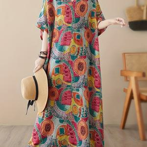 TEMU 플러스 사이즈 여성용 캐주얼 V넥 반팔 포켓 로브 드레스 - 루즈핏 플로럴 프린트 홈웨어, 여행 및 휴가용, 사계절 착용 가능, 비투명 원단|인견원피스