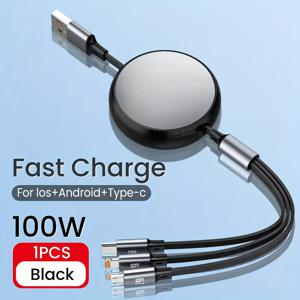 TEMU 3-in-1 리트렉터블 6A 100W USB 케이블, 이중 라이트닝 및 USB 포트 - 아이폰 15, 16, 14, 13, 12 프로 맥스, 화웨이 및 더 많은 빠른 충전용 - 3ft 블랙 케이블, USB Type-C 커넥터, 빠른 충전 케이블 | 리트렉터블 케이블 | 내구성 케이블