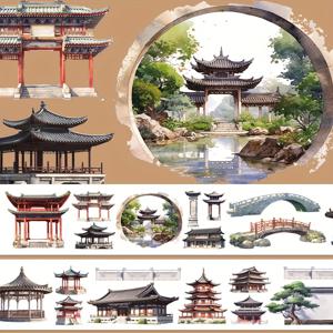 TEMU 데코 드림, 중국 정원 건축 와시 테이프, 2m 롤 - 방수 PET 장식용 접착 테이프, 스크랩북, 저널링 및 공예용