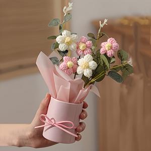 TEMU 핑크 화병에 손수 만든 크로셰 꽃다발 - 5개의 크로셰 꽃, 천, 포장지 및 장식 리본 포함 - 어머니날, 발렌타인데이, 생일 또는 기념일 선물에 완벽함 - 봄 홈 , 크로셰 용품