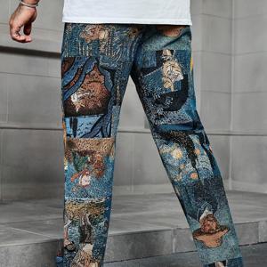 TEMU 남성용 반고흐 오일 페인팅 프린트 루즈핏 레그 팬츠 드로스트링 포함 - 캐주얼 아웃팅, 해변 파티 및 더 많은 것에 적합한 밝은 색상, 스트레치되지 않는 소재 - 일상적인 편안함을 제공하는 아트 프린트 팬츠 | 아트 프린트 디자인