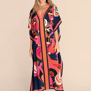 TEMU 커버업 플러스 사이즈 캐주얼, 여성용 플러스 컬러블록 리프 프린트 V넥 박시 슬리브 스플릿 헴 맥시 커버업, 코닝스다흐/왕의 날을 위한