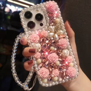 TEMU 패셔너블 럭셔리 진주 프레임 유리 꽃 팔찌 코드 휴대폰 케이스 Iphone16Promax 휴대폰 케이스에 적합