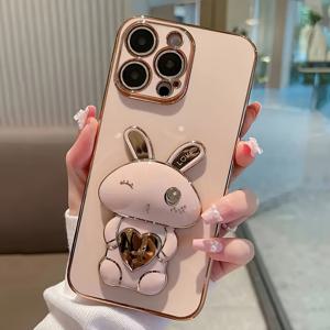 TEMU 아이폰 11, 아이폰 13, 아이폰 14, 아이폰 13 프로 맥스, 아이폰 14 프로 맥스, 아이폰 15, 아이폰 15 프로, 아이폰 5 프로 맥스, 아이폰 16, 아이폰 16 프로, 아이폰 16 플러스 및 아이폰 16 프로 맥스를 위한 귀여운 심플한 전기도금 토끼 홀더 보호 케이스