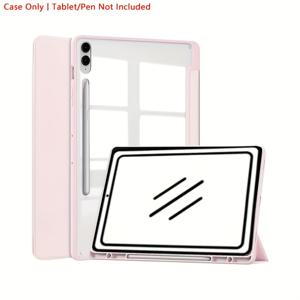 TEMU 갤럭시 탭 S6 라이트 10.4인치 & A9 플러스/S9/S9플러스/S9FE용 PU 가죽 보호 케이스 - 아크릴 창문, 연필 홀더 및 킥스탠드 기능이 있는 슬림한 블랙 디자인
