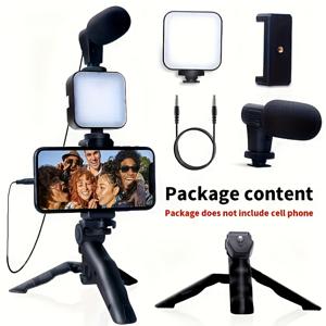 TEMU 1개 다재다능한 iPhone 및 Android 삼각대 블로깅 키트 - LED 조명, 미니 샷건 마이크, 휴대전화 홀더, 배터리 구동 설계, 배터리 포함되지 않음, 야외 라이브 스트리밍, 화상 통화 및 블로깅에 이상적, 블로깅 장비 | 컴팩트 삼각대 | 조절 가능한 삼각대