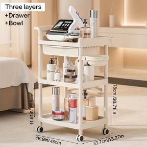 TEMU 3-Tier 뷰티 카트, 서랍 및 볼 - 화이트 플라스틱 피부 관리 주최자, 메이크업, 및 헤어 도구 - 가정 또는 살롱 사용에 이상적, 뷰티 카트 | 모던 카트 | 내구성 플라스틱, 뷰티 카트