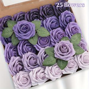 TEMU 25개 팩 라벤더 보라색 그라데이션 인공 장미, 줄기가 있는 폼 꽃, DIY 웨딩 부케, 사무실 장식, 탁상, 야외 파티오, 올 시즌 봄, 용기 없음, 데이, 어머니의 날, 아버지의 날, 졸업, 추수감사절에 이상적 - 전기 또는 배터리 사용 없음