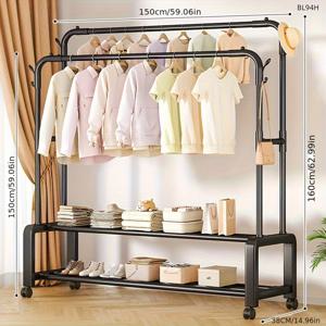 TEMU 1pc 블랙 롤링 더블 로드 옷걸이, 신발 보관함 및 후크 포함 - 중량용, 다목적 침실 정리함, 옷걸이, 신발, 액세서리 걸이, 침실 정리 | 현대 옷걸이 | 내구성 있는 플라스틱 옷걸이, 옷 건조대|빨래건조대|신발정리대