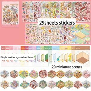 TEMU 20장의 장면 2.5D PET 스티커북 - 선샤인 타운 시리즈: 서점, 주방, & 귀여운 동물 캐릭터가 있는 아늑한 홈 데코, 미니 3D 팝업 인사말 카드, DIY 스크랩북킹, 저널 장식, 고품질 PET 소재, 창의적인 공예 | 기발한 디자인 | 내구성 있는 제본|카드스티커