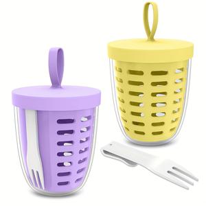 TEMU 2pcs 폴리프로필렌 다기능 과일 샐러드 용기, 휴대용, BPA 프리, 누출 방지, 청소하기 쉽고 재사용 가능, 분리 가능한 배수 바구니와 포크가 있는 과일 컵, 과일 및 야채 보관용