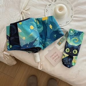 TEMU 1 Van Gogh-Inspired Black Cat Pattern 접이식 우산 - 캐주얼 & 귀여운 패션 스타일, 8 개의 뼈, 철재, 접이식 태양 비스러, 자외선 차단, 캐주얼 패션 우산 | 재미있는 디자인 우산 | 내구성 있는 구조, 귀여운 우산