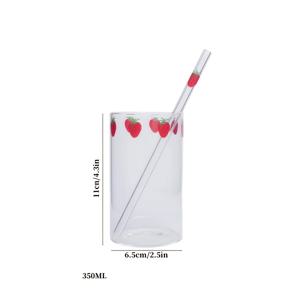 TEMU 2pcs 딸기 & 꽃무늬 패턴된 고성능 보로실리케이트 유리 음료 컵, 금속 빨대 - 재사용 가능, 열 저항성, 밀크, 커피, 주스, 카푸치노용 투명 컵 - 대용량, 둥근 입자 디자인, 손세척만, 음료 텀블러 | 생동감 있는 무늬 유리 | 내구성 있는 유리 용기