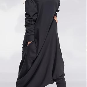 TEMU 여성용 우아한 오프숄더 긴팔 점프수트 - 블랙, 한쪽 어깨, 스트랩리스, 캐주얼 & 스타일리시, 봄/가을에 완벽한 캐주얼 의상|우아한 오프숄더 스타일|스트랩리스 점프수트