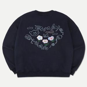 엠블러 남여공용 Flower heart 오버핏 맨투맨 티셔츠 AMM1107 (네이비)