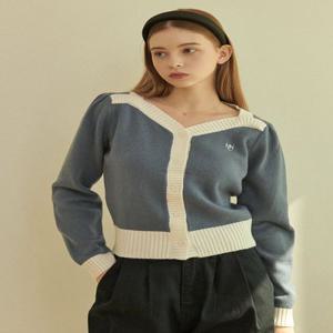 [44-120]  Petal Wool Line Cardigan Blue 페탈 울 라인 가디건 블루 (가을/데일리룩/출근룩/오피스룩/하객룩/격식룩/데이트룩/배색/하트넥/세미크롭/페미닌룩/빅사이즈/자체제작)