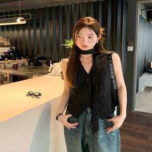 (당일출고/긱시크) 브이넥 슬림핏 루즈핏 크롭 초커 리본 타이 머플러 레이어드 뷔스티에 블라우스 수트 조끼 베스트 2color