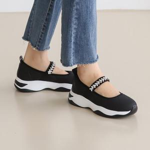 비쥬 큐빅 메리제인 슬립온 5cm 보석 퀼팅 소가죽 콤비 통굽 키높이 스니커즈ss144