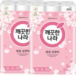 깨끗한나라 허브가든 벚꽃 프리미엄 3겹 화장지 27m 30롤 2팩 (60롤)