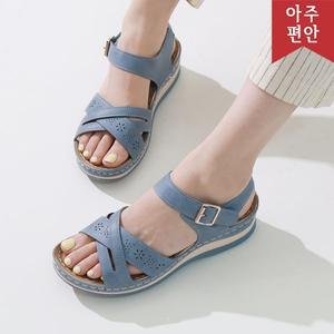 [호박슈즈]5cm 가볍고 쿠션감 우수한 발편한 펀칭 에스틱 샌들 112055