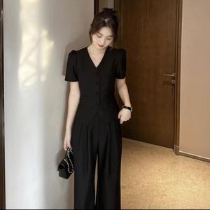 여성 트렌디 아이템 바지 배기핏 여름 세트 슬림핏 반팔 캐주얼 정장 오피스룩 와이드팬츠 투피스 HT2