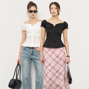 WOMAN 캡 슬리브 하트넥 셔링 블라우스 [2COL] / WBE2L03530