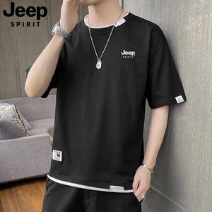 JEEP 지프 반팔 티셔츠 남성 여름 루즈 청소년 라운드넥 티셔츠