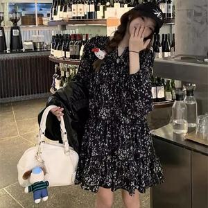 여자 스트링 플라워 셔링 쉬폰 미니 원피스