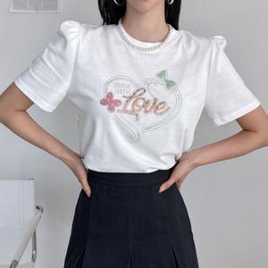 여자 키치 큐빅 하트반팔티 퍼프 봄여름 레터링 티셔츠